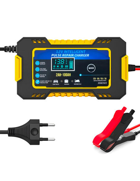 Caricabatteria Auto e Moto Ricarica Intelligente 12V 6A con Cavi e Schermo LCD
