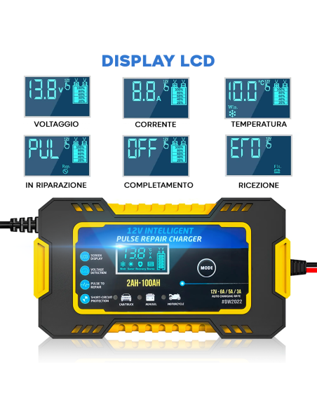 Caricabatteria Auto e Moto Ricarica Intelligente 12V 6A con Cavi e Schermo LCD