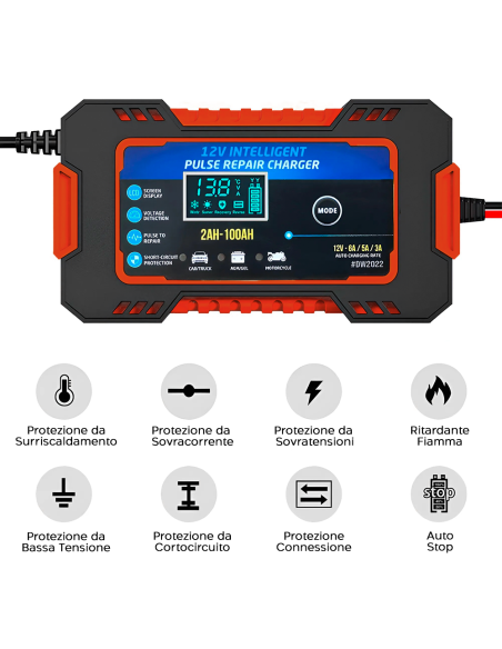 Caricabatteria Auto e Moto Ricarica Intelligente 12V 6A con Cavi e Schermo LCD