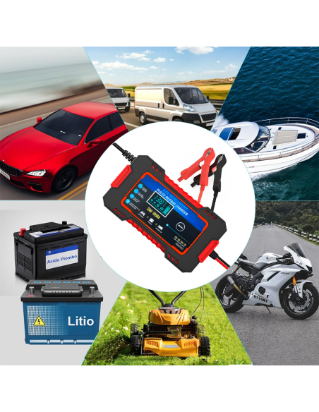 Caricabatteria Auto e Moto Ricarica Intelligente 12V 6A con Cavi e Schermo LCD