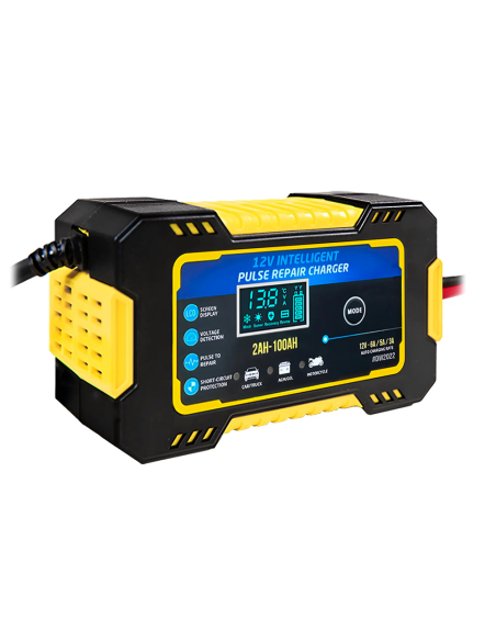 Caricabatteria Auto e Moto Ricarica Intelligente 12V 6A con Cavi e Schermo LCD