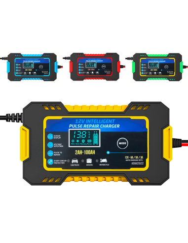 Caricabatteria Auto e Moto Ricarica Intelligente 12V 6A con Cavi e Schermo LCD