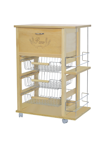 Carrello Portapane 3 Cassetti Portabottiglie con Ruote MAS033 Naturale 57x38x82