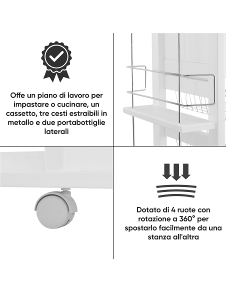 Carrello Portapane 3 Cassetti Portabottiglie con Ruote MAS084 Bianco 57x38x82cm