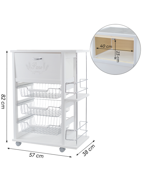 Carrello Portapane 3 Cassetti Portabottiglie con Ruote MAS084 Bianco 57x38x82cm