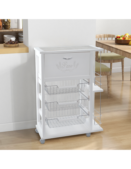 Carrello Portapane 3 Cassetti Portabottiglie con Ruote MAS084 Bianco 57x38x82cm