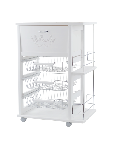 Carrello Portapane 3 Cassetti Portabottiglie con Ruote MAS084 Bianco 57x38x82cm