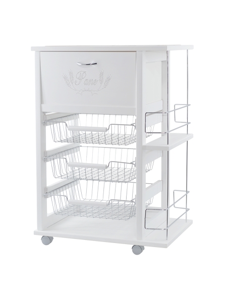 Carrello Portapane 3 Cassetti Portabottiglie con Ruote MAS084 Bianco 57x38x82cm