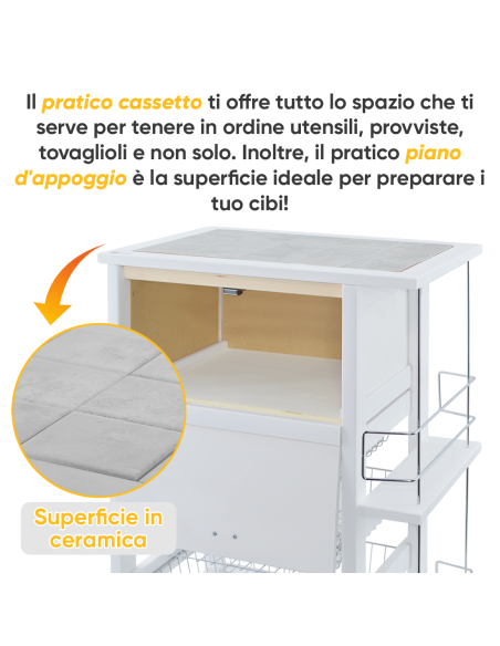 Carrello Portapane 3 Cassetti Portabottiglie con Ruote MAS084 Bianco 57x38x82cm