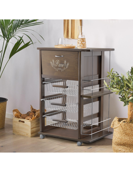 Carrello Portapane 3 Cassetti Portabottiglie con Ruote MAS018 Noce 57x38x82
