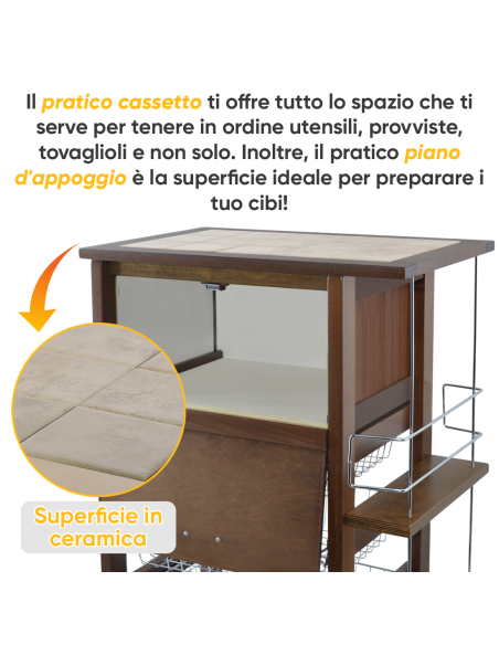 Carrello Portapane 3 Cassetti Portabottiglie con Ruote MAS018 Noce 57x38x82