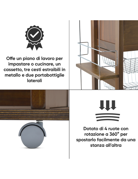 Carrello Portapane 3 Cassetti Portabottiglie con Ruote MAS018 Noce 57x38x82