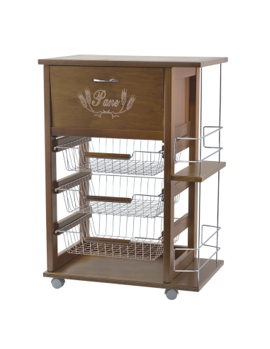 Carrello Portapane 3 Cassetti Portabottiglie con Ruote MAS018 Noce 57x38x82