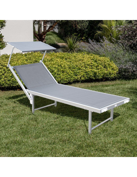 Lettino Prendisole LUXURIOUS Parasole Alluminio Schienale Reclinabile 180X60X40