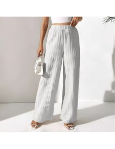 Pantalone Lungo Donna Estivo Gamba Larga Modello Plisse Texture Largo Vita Alta