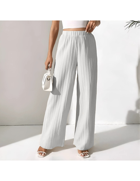 Pantalone Lungo Donna Estivo Gamba Larga Modello Plisse Texture Largo Vita Alta