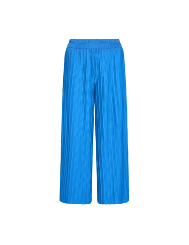 Image of Pantaloni Lungo Donna Estivo Gamba Larga Modello Plisse Texture Largo Vita Alta Blu M/L052