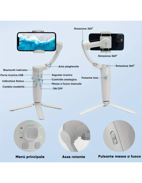 Stabilizzatore Smartphone 3 Assi Cardanico Treppiedi Pieghevole per Foto e Video