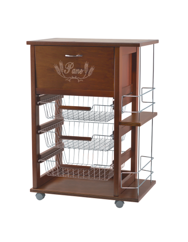 Carrello Portapane 3 Cassetti Portabottiglie con Ruote MAS017 Ciliegio 57x38x82