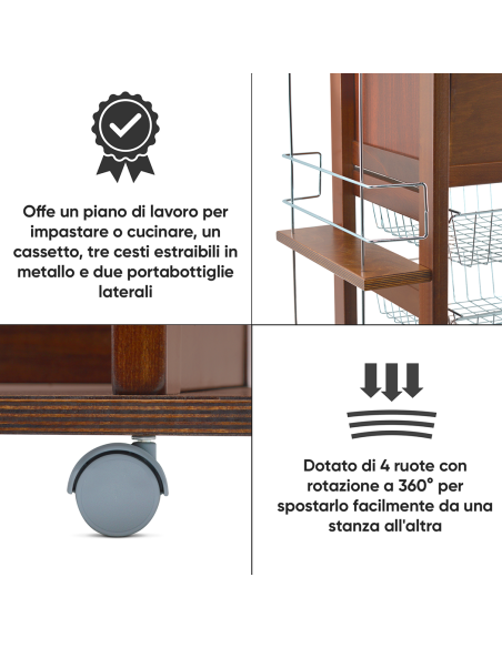 Carrello Portapane 3 Cassetti Portabottiglie con Ruote MAS017 Ciliegio 57x38x82