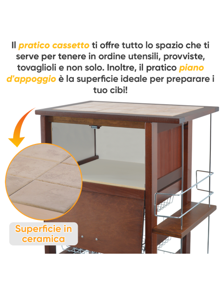 Carrello Portapane 3 Cassetti Portabottiglie con Ruote MAS017 Ciliegio 57x38x82