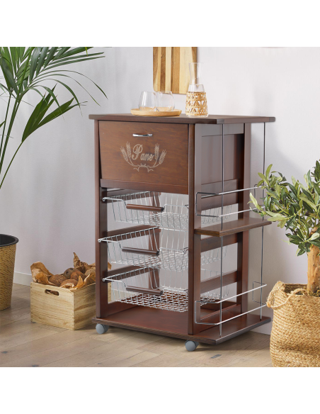 Carrello Portapane 3 Cassetti Portabottiglie con Ruote MAS017 Ciliegio 57x38x82