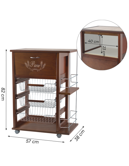 Carrello Portapane 3 Cassetti Portabottiglie con Ruote MAS017 Ciliegio 57x38x82