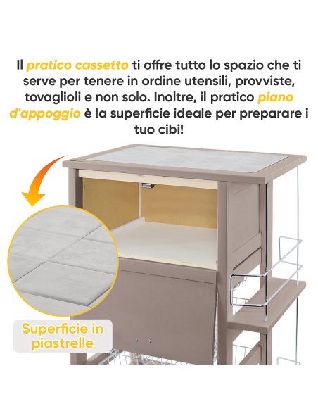 Carrello Portapane 3 Cassetti Portabottiglie con Ruote MAS250 Tortora 57x38x82cm
