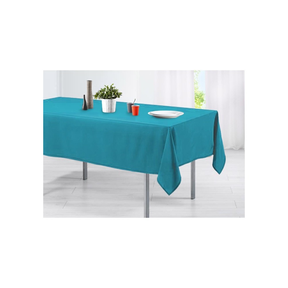 Tovaglia da tavola in cotone 150 x 200 cm vari colori tinta unita orlo decorato Azzurro