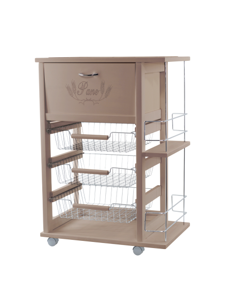 Carrello Portapane 3 Cassetti Portabottiglie con Ruote MAS250 Tortora 57x38x82cm