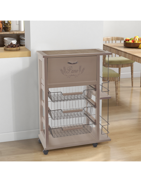 Carrello Portapane 3 Cassetti Portabottiglie con Ruote MAS250 Tortora 57x38x82cm