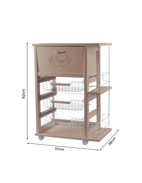 Carrello Portapane 3 Cassetti Portabottiglie con Ruote MAS250 Tortora 57x38x82cm