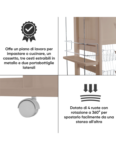 Carrello Portapane 3 Cassetti Portabottiglie con Ruote MAS250 Tortora 57x38x82cm