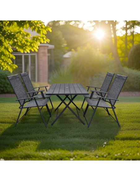 Set da Giardino in Alluminio Tavolo 4 Sedie in Textilene Pieghevole da Esterno