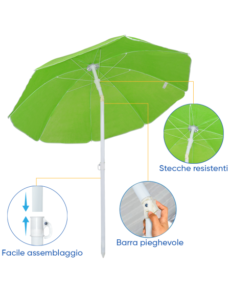 Ombrellone da Spiaggia Inclinabile Antivento 8 Stecche Palo in Alluminio 180cm