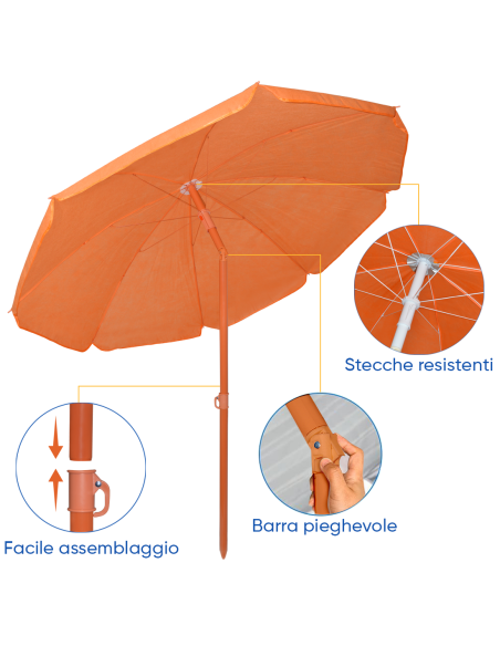 Ombrellone da Spiaggia TNT Palinuro H185cm Inclinabile 8 Stecche Palo Alluminio