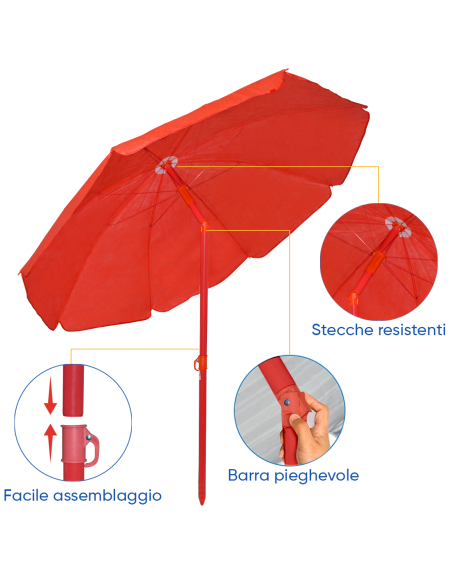 Ombrellone da Spiaggia TNT Palinuro H185cm Inclinabile 8 Stecche Palo Alluminio
