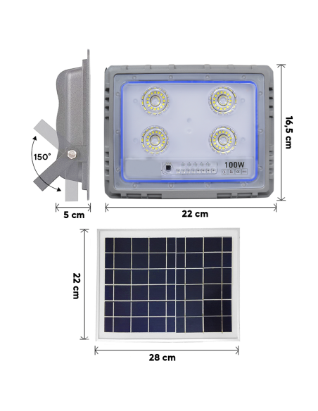 Faro Solare LED 100W con Pannello Solare Crepuscolare 6500K IP66 con Telecomando