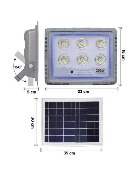 Faro Solare LED 200W con Pannello Solare Crepuscolare 6500K IP66 con Telecomando