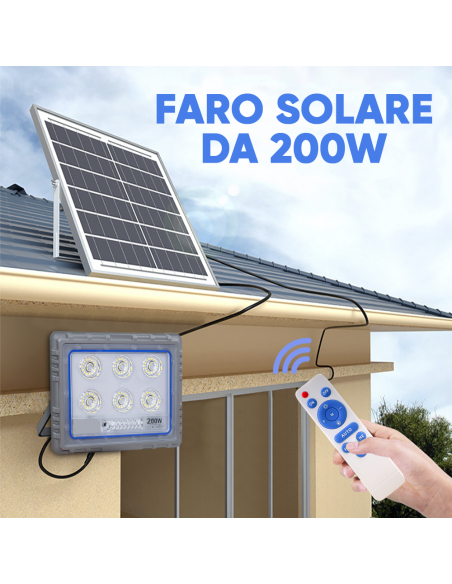 Faro Solare LED 200W con Pannello Solare Crepuscolare 6500K IP66 con Telecomando