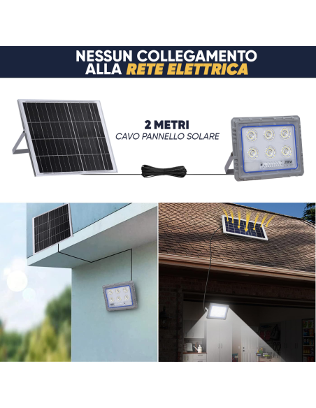 Faro Solare LED 200W con Pannello Solare Crepuscolare 6500K IP66 con Telecomando
