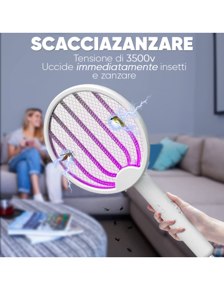 Racchetta Elettrica Anti Zanzare Fulmina Insetti Pieghevole Luce UV Ricaricabile