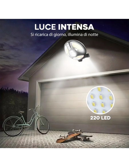 Lampada Solare Faro Lampione Stradale 220 LED Pannello Solare Telecomando IP66