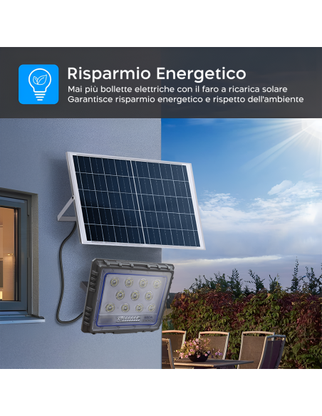 Faro Solare LED 600W con Pannello Solare Crepuscolare 6500K IP66 con Telecomando