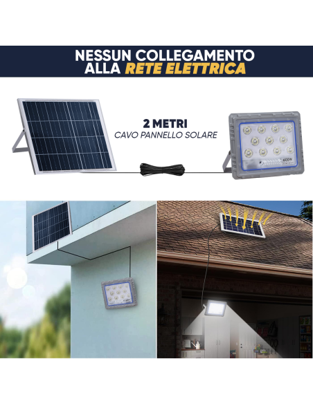 Faro Solare LED 600W con Pannello Solare Crepuscolare 6500K IP66 con Telecomando