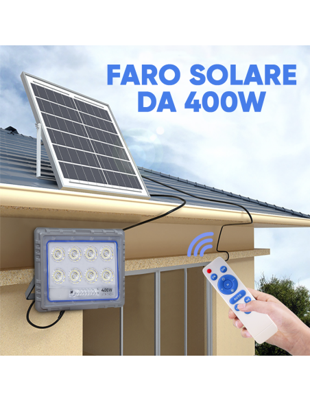 Faro Solare LED 400W con Pannello Solare Crepuscolare 6500K IP66 con Telecomando
