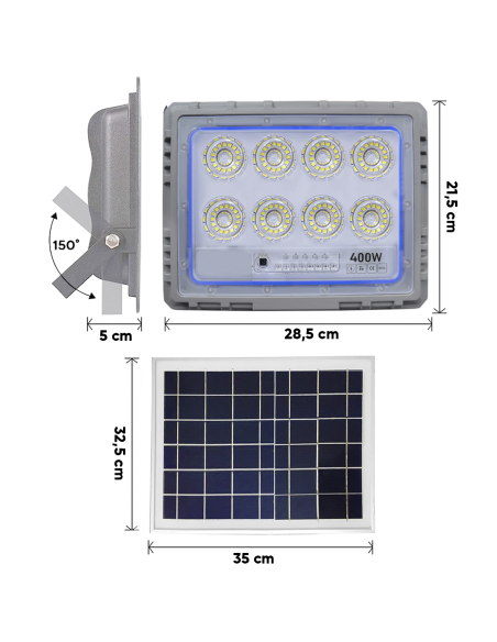 Faro Solare LED 400W con Pannello Solare Crepuscolare 6500K IP66 con Telecomando