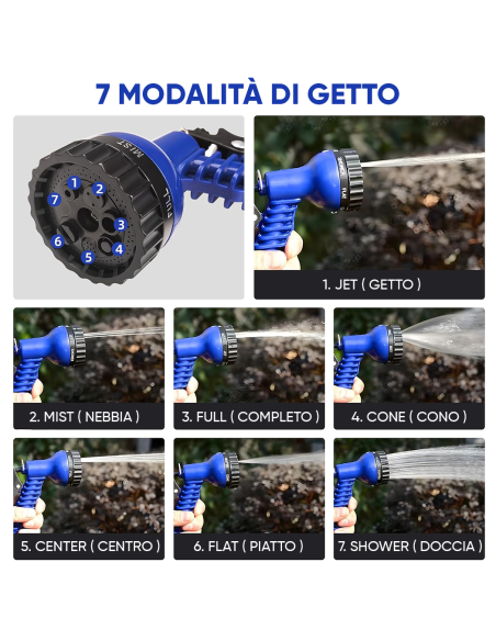 Tubo da Giardino Estendibile 45m per Irrigazione e Pulizia con Pistola 7 Getti
