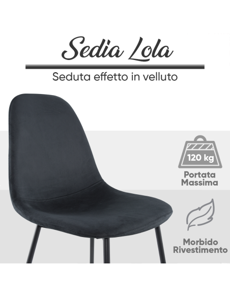4pz Sedia LOLA da Cucina Design Moderno in Velluto 85x45x44 Struttura in Metallo