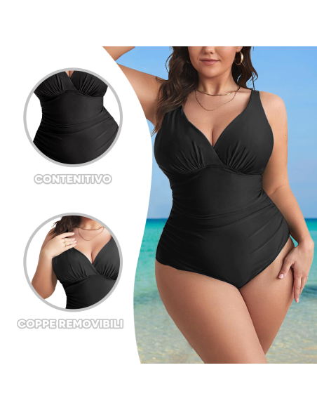Costume da Bagno Intero da Donna Tinta Unita Plus Size Scollo a V Contenitivo